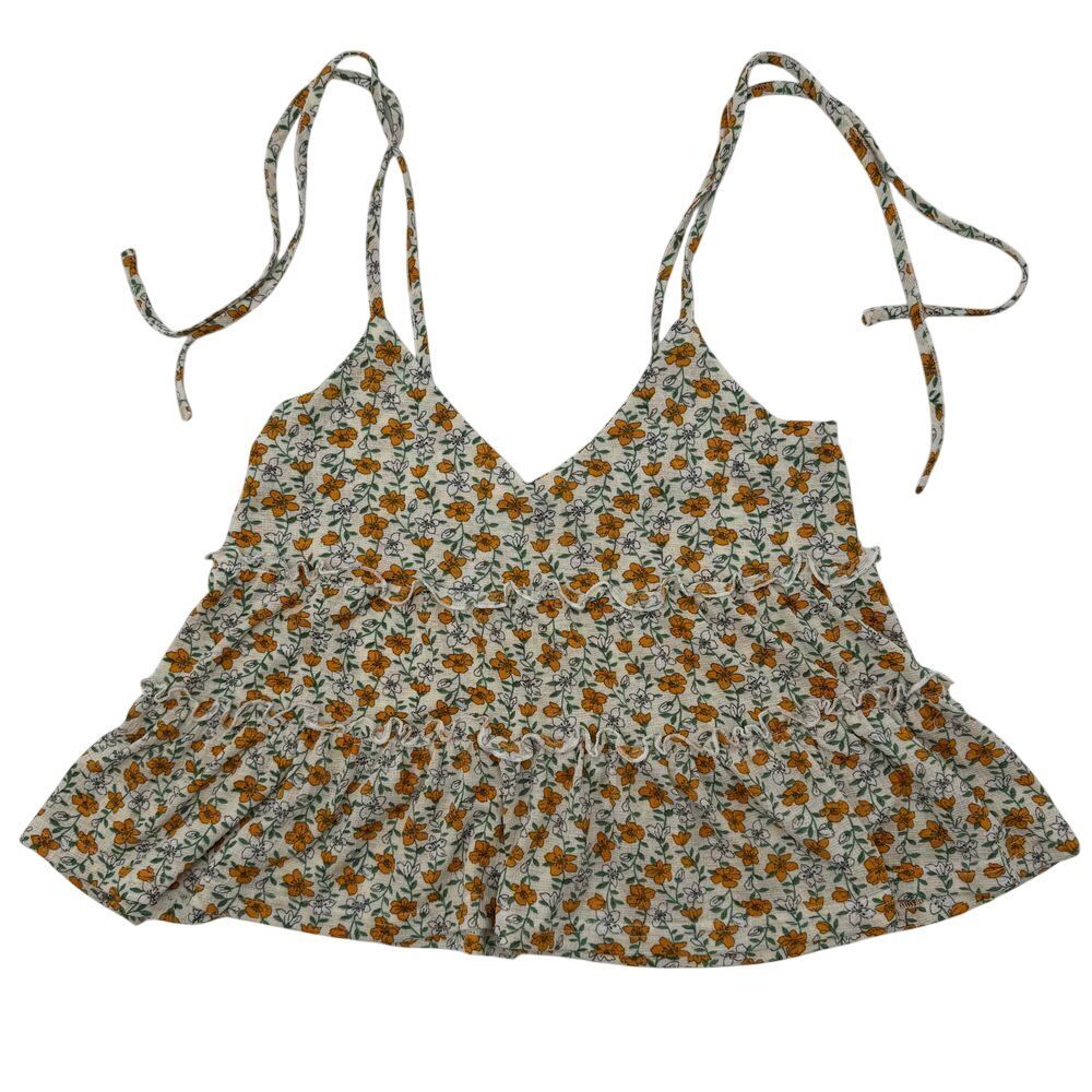 Floral Cami Top Ruffle Trim Tie Strap Sleeveless Summer‎ Cute Size S